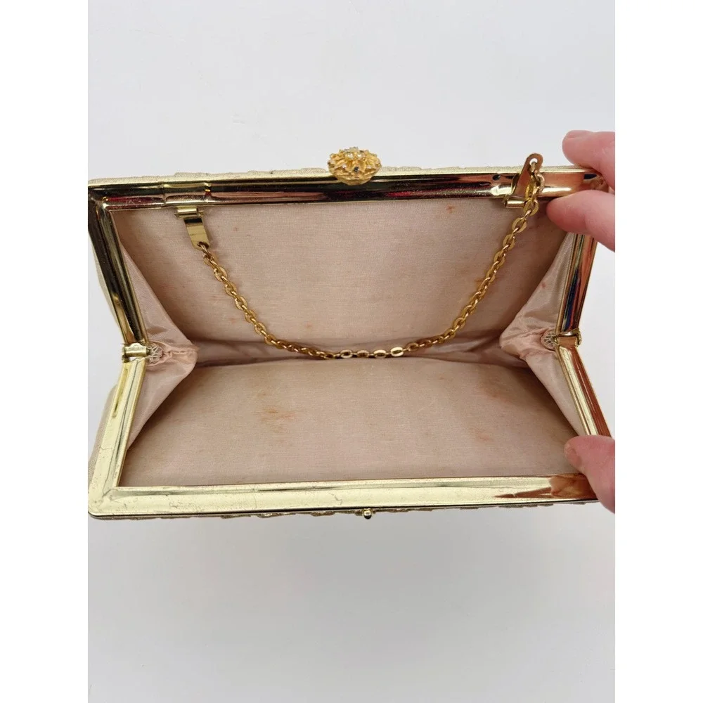 Vintage Gold Metallic‎ Pleated Evening Clutch Bag Rhinestone Clasp Chain Strap